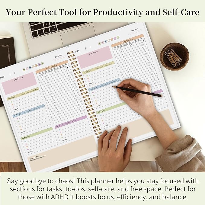 ADHD Daily Planner with Hard Cover & Colorful Sheets Inside,Productivity Planner Task Management Organizer for Neurodivergent Adults Focused for Men & Women, 7" x 10"