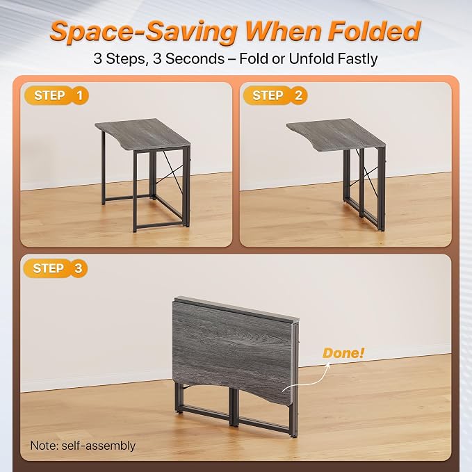 Huuger Folding Desk for Small Spaces, 31.5 Inch Foldable Computer Table, for Home Office, Study, Bedroom, Dorm, Space Saving, Small Writing Work Office Computer Desk, Easy to Fold, Grey