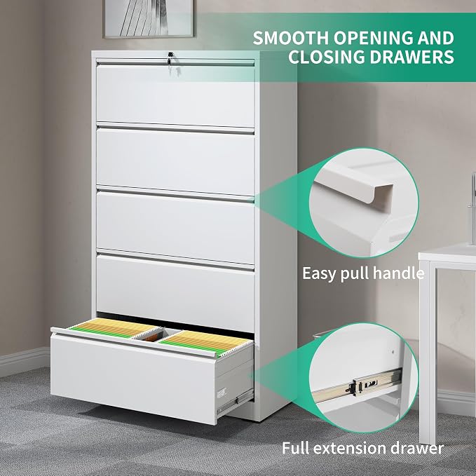IKIMI 5 Drawer Lateral File Cabinets with Lock Office Filing Cabinet Steel Storage Cabinet Wide Horizontal Filing Metal Cabinets for Files Legal/Letter/A4 Size Assembly Required Assembly Required