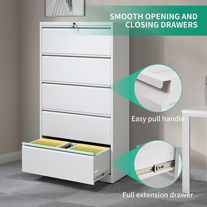IKIMI 5 Drawer Lateral File Cabinets with Lock Office Filing Cabinet Steel Storage Cabinet Wide Horizontal Filing Metal Cabinets for Files Legal/Letter/A4 Size Assembly Required Assembly Required