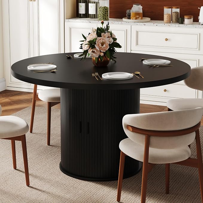 47 inch Round Dining Table for 4-6, Dinner Table with 2-Layer Storage Shelf, Morden Circle Kitchen Table with Wooden Strip Base and Wood Slide Door for Home Dining Room, Living Room, Black