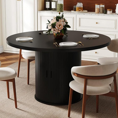 47 inch Round Dining Table for 4-6, Dinner Table with 2-Layer Storage Shelf, Morden Circle Kitchen Table with Wooden Strip Base and Wood Slide Door for Home Dining Room, Living Room, Black