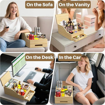 Couch Caddy with Cup Holders, Multi-Use Sofa Table with Flip Top Push-Pull Drawer, Sturdy Pine Wood Hold Hands Couch Cup Holder for Car, Living Room, Bedroom, Vanity