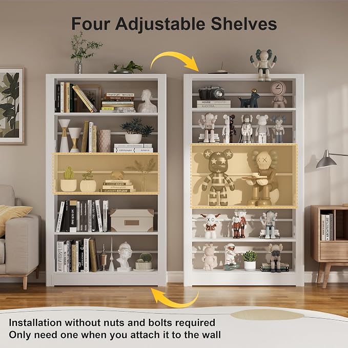 OSEILLC 69" Metal 5-Tier Bookshelf,Large Adjustable Bookcases (White) | Heavy Duty,Expandable bookshelf,280LB Load Capacity Each Shelf,Industrial Sturdy,Easy Assembly,Wide/Tall/Deep Bookcase