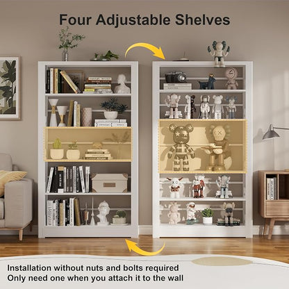 Heavy Duty 5-Shelf Metal Bookshelf, 69" Tall Industrial Bookcase with Adjustable Shelves, White Large Capacity Storage Rack for Garage, Warehouse, Home Office & Library