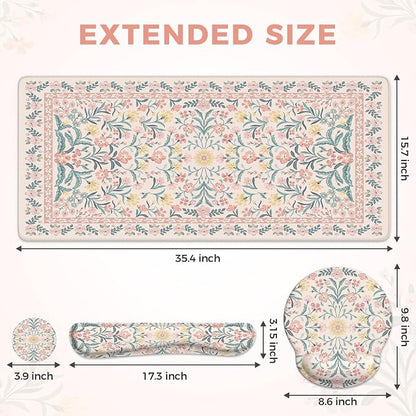 iCasso Desk Pad Mat, Large Mouse Pad and Keyboard Wrist Rest Set, Desk Protector Mat,4in1 Ergonomic Carpal Tunnel Keyboard Pad with Wrist Support for Desktop Cover Home Office Computer(Pink Flowers)