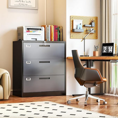 Metal 3 Drawer Lateral File Cabinet with Lock, Wide&Deep Filing Cabinet for Letter/Legal/F4/A4 Hanging Files, Includes Business Card Holder, Home Office School Storage