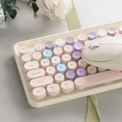 Wireless Keyboard and Mouse, Colorful 104-Key QWERTY with Round Keys, Phone Holder, Wrist Rest, Power Buttons, 2.4GHz USB for PC Laptop (Khaki Colorful)