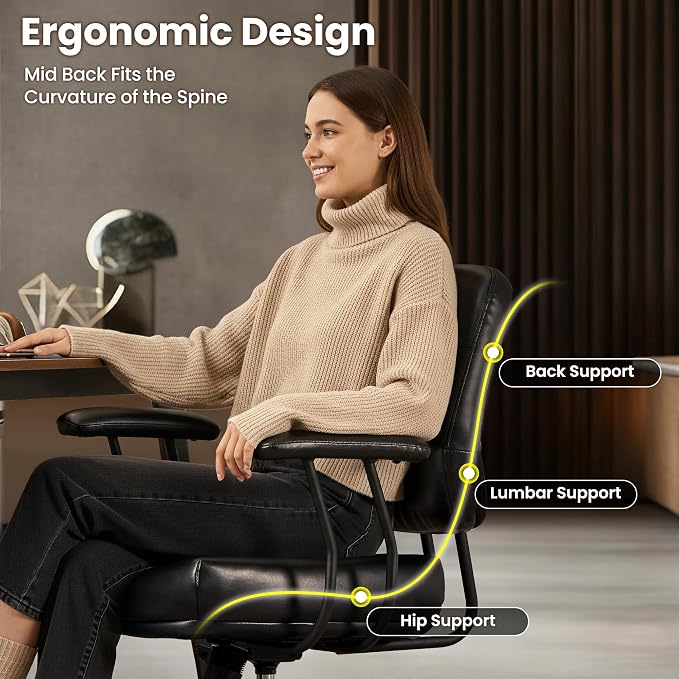 ovios Ergonomic Office Chair, Mid Back Faux Leather Executive Chairs with Thick Cushion, Comfy Mid-Century Modern Swivel Rolling Computer Armchair (Black, PU Leather)