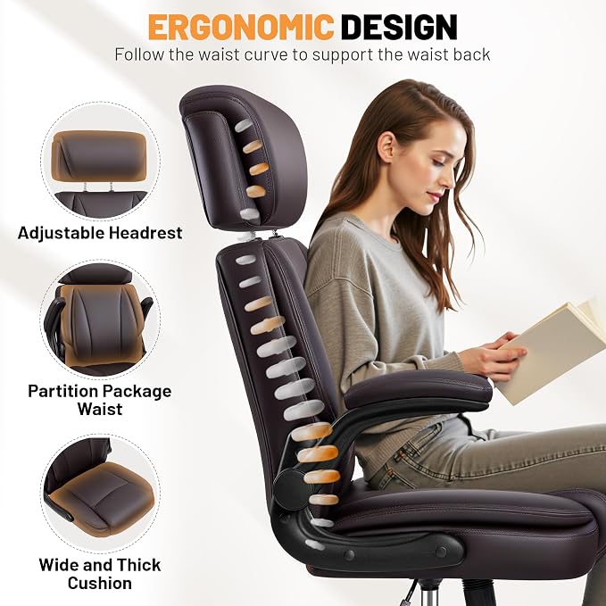 BestGlory Ergonomic Office Chair, PU Leather Executive Desk Chair with Adjustable Headrest, Flip-Up Arms and Lumbar Support, High Back Computer Chair for Home Office, Remote Work, Gaming, Coffee