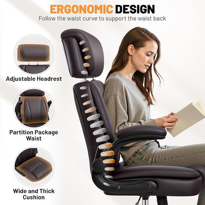 BestGlory Ergonomic Office Chair, PU Leather Executive Desk Chair with Adjustable Headrest, Flip-Up Arms and Lumbar Support, High Back Computer Chair for Home Office, Remote Work, Gaming, Coffee