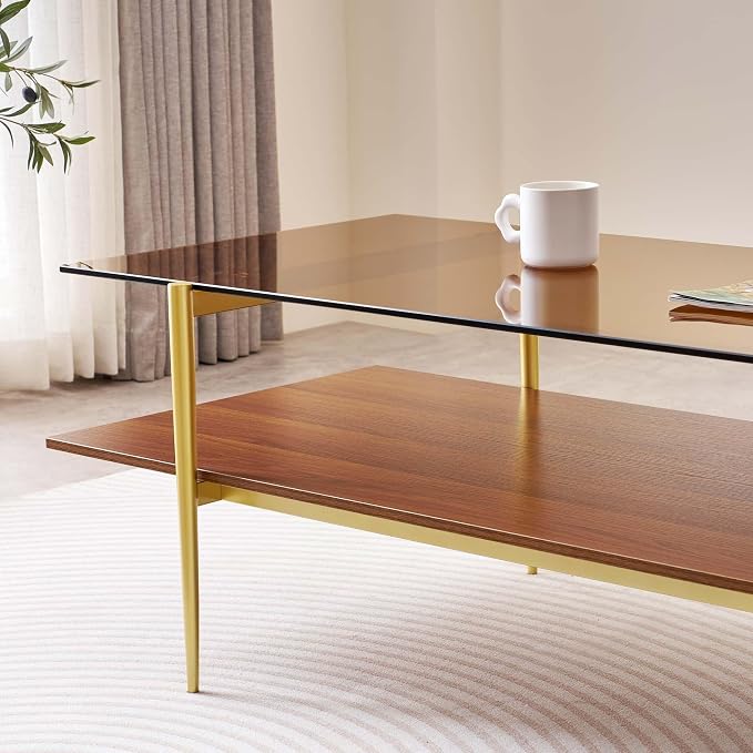 LumFurn Extra Large Rectangle Glass Coffee Table, Mid-Century Modern Design for Living Room, L47 x W24 x H17, Amber Glass Top and Walnut MDF Shelf, Sleek Conical Metal Legs with Gold Finish
