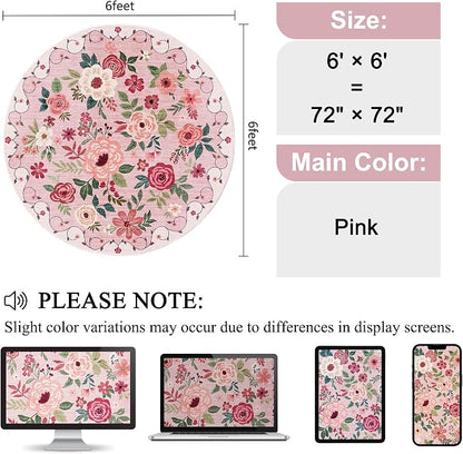 DUKINO Floral Round Rug, 6ft Washable Circle Rug, Non Slip Indoor Low Pile Circle Rug, Soft Small Boho Design Carpet for Bedroom, Entryway, Living Room, Dining Room, Pink