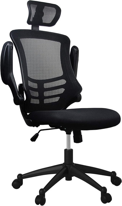 Techni Mobili Modern Ergonomic High-Back Office Chair, Executive Mesh Home Office Chair with Adjustable Headrest & Flip Up Arms, Black , 49.5" x 26.37" x 26.37"