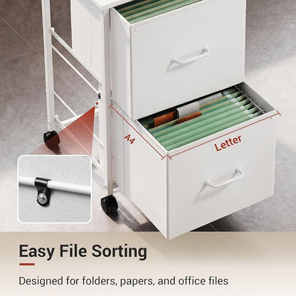 DEVAISE 2 Drawer Mobile File Cabinet, Rolling Printer Stand with Open Storage Shelf, Fabric Vertical Filing Cabinet fits A4 or Letter Size for Home Office, White