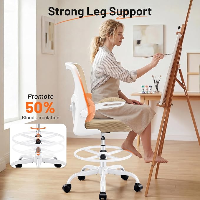 AreShark Drafting Office Chair - Ergonomic Tall Office Chair with Adjustable Footrest Ring - Counter Height Adjustable Rolling Standing Desk Chair with Lumbar Support and Flip-up Armrests for Home