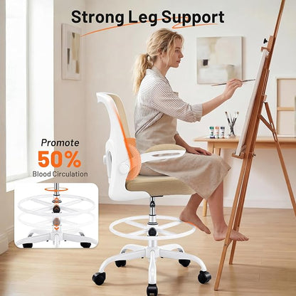 AreShark Drafting Office Chair - Ergonomic Tall Office Chair with Adjustable Footrest Ring - Counter Height Adjustable Rolling Standing Desk Chair with Lumbar Support and Flip-up Armrests for Home