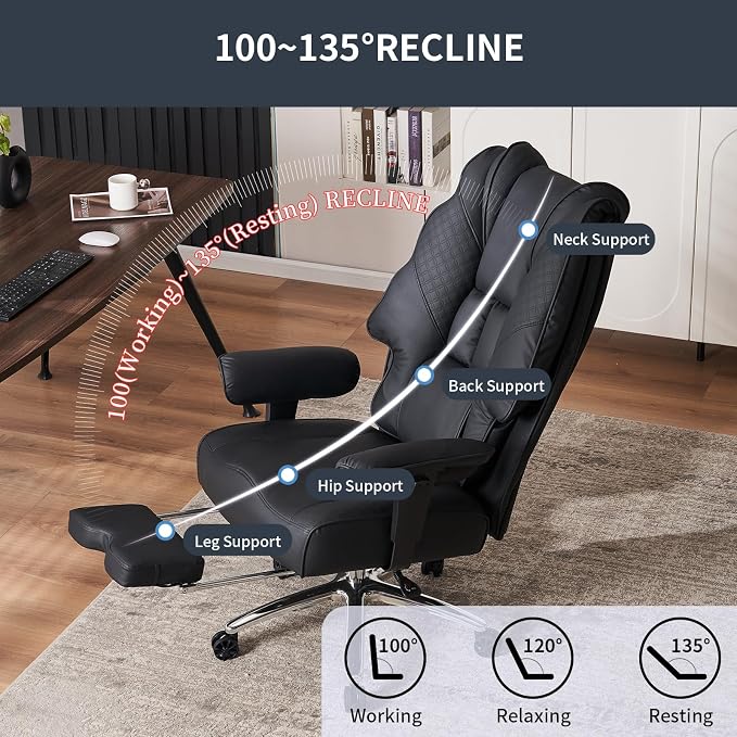EXCEBET Big and Tall Office Chair 400lbs Wide Seat, Leather High Back Executive Office Chair with Foot Rest, Ergonomic Chairs Lumbar Support for Lower Back Pain Relief (Black)