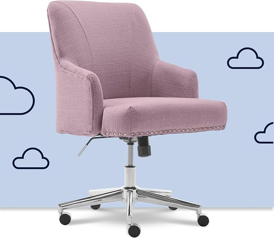 Serta Leighton Home Office Desk Chair, Mid-Back with Chrome Nailheads, Memory Foam Cushion and Padded Arms, Modern Makeup Vanity Armchair with Wheels, Swivel Base, Bonded Leather, Lilac Purple
