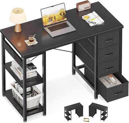 ODK 40 Inch Small Computer Desk with 4 Fabric Drawers, Modern Writing PC Desk for Small Spaces, Study & Home Office Desk with Storage Shelves, Black