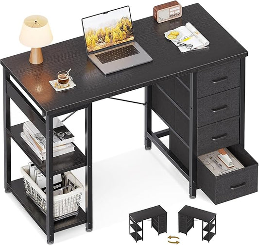 ODK 40 Inch Small Computer Desk with 4 Fabric Drawers, Modern Writing PC Desk for Small Spaces, Study & Home Office Desk with Storage Shelves, Black