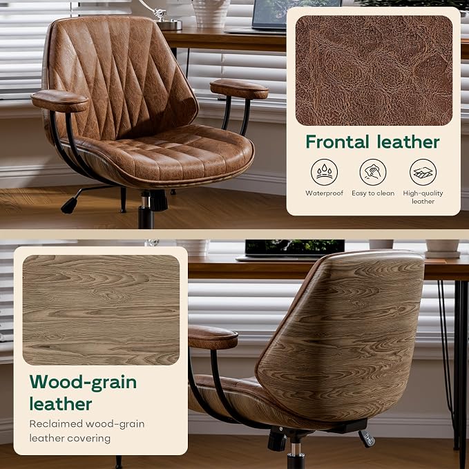 Office Desk Chair with Rubber Casters and Padded Arms, Premium Cognac Brown Faux Leather Computer Chair, Height Adjustable Vintage Rolling Swivel Executive Task Chair for Home Office