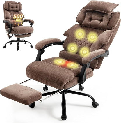 Massage Office Chair with Foot Rest,6 Points Vibration & Heat Executive Office Chairs,Ergonomic Fabric Desk Chair for Heavy People,Big and Tall Office Chair 500LBS,Recliner with Dual-Use Pillow,Brown