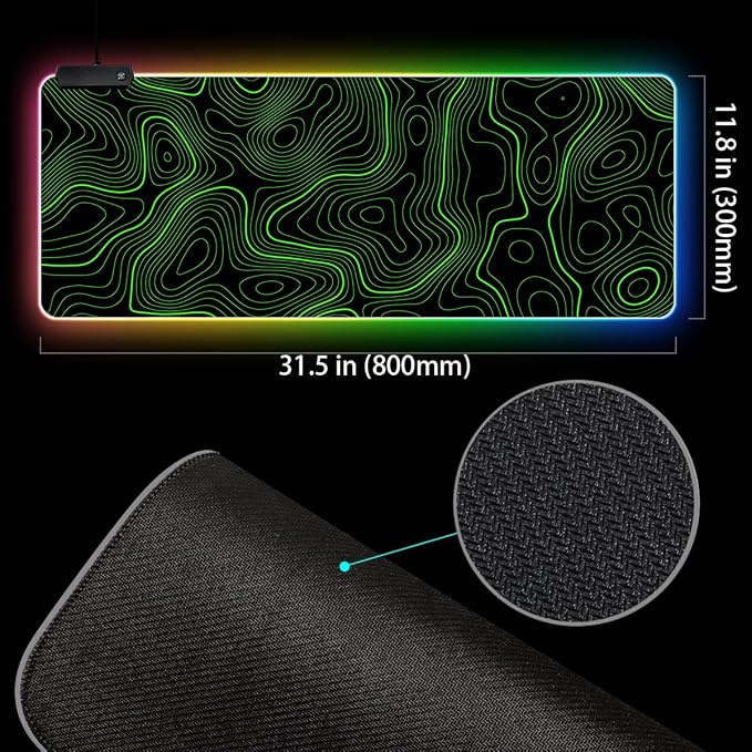 RGB Mouse Pad LED Desk Mat Large Gaming Mousepad Black and Green Line Design, Keyboard Pad XL Mouse Mat for Home and Office