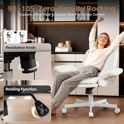 Vonesse Criss Cross Office Chair with Wheels & Armrests, Height Adjustable Vanity Chair, Makeup Chairs with Side Pockets Design, Comfortable Computer Desk Chairs for Home (Linen Fabric,White)
