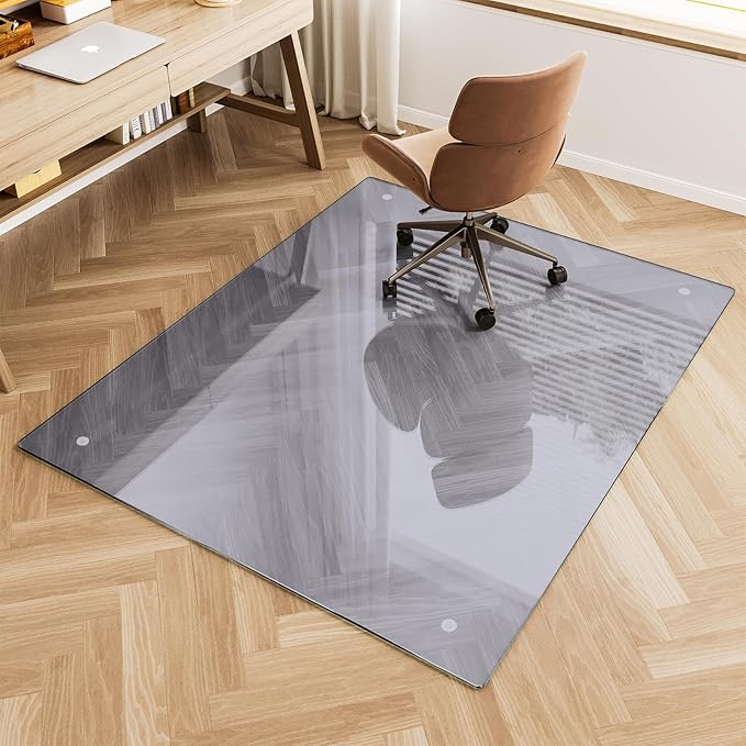 Glass Chair Mat 48" x 60" Heavy Duty Tempered Glass Office Chair Mat, Glass Floor Mat with Round Corner and Polished Edge for Smooth Glide, Office Chair Mat for Carpet, Hardwood Floor,Grey