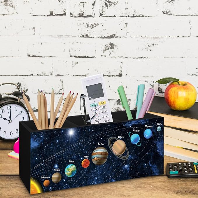 Outer Space Decor Wooden Pen Pencil Holder for Desk, Black Space Themed Bedroom Decor Gift for Kids Men, The Solar System Wood Makeup Brush Toothbrush Holder Organizer for Library Bedroom