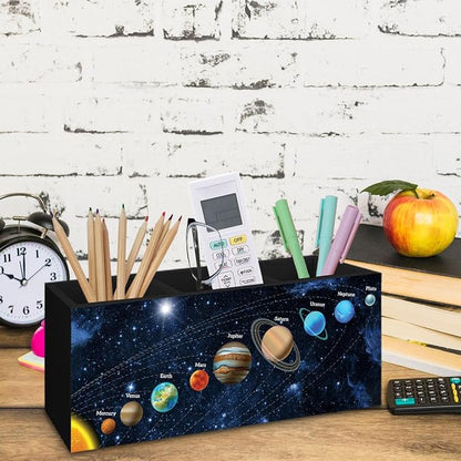 Outer Space Decor Wooden Pen Pencil Holder for Desk, Black Space Themed Bedroom Decor Gift for Kids Men, The Solar System Wood Makeup Brush Toothbrush Holder Organizer for Library Bedroom