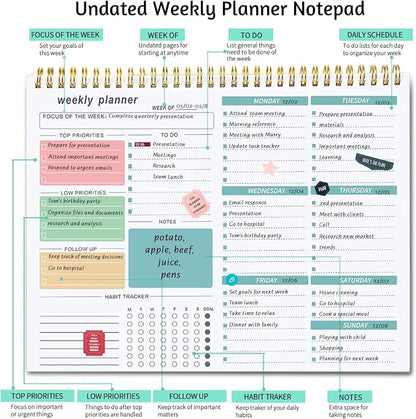 Weekly To Do List Notepad, 8.5''x11'' Weekly Desk Planner with 52 Tear Off Sheets Undated Weekly Planner Habit Tracker & Productivity Organizer for Home School and Work, Green