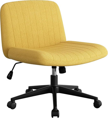 SUNLEI Cross Legged Office Chair with Wheels, Armless Wide Chair's for Vanity Desk, Criss Cross Comfy Chairs with Back, Desk Chair/s of Height Adjustable Swivel, Yellow