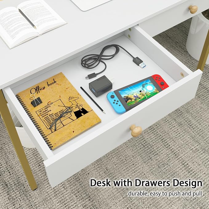 Weehom Computer Desk with Drawers, Home Office Desk for Writing, Studying, and Gaming - Sturdy and Spacious Workstation for PC and Laptop(White and Gold)