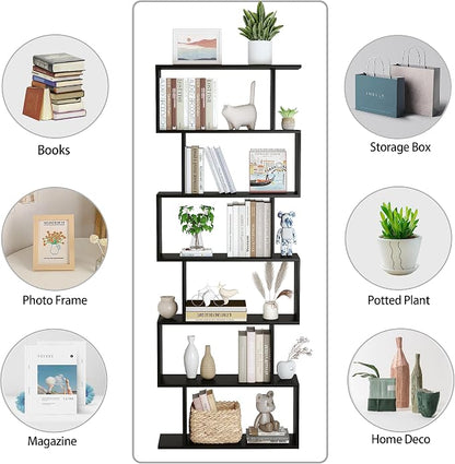 Yusong Bookshelf 6-Tier, Geometric Bookcase S Shaped Book Shelves for Bedroom, Modern Wood Decorative Display Shelf Tall Book Case for Home Office, Black