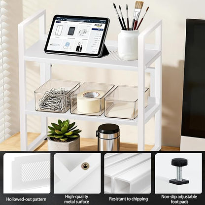 Brakki Desk Shelf Organizer, Adjustable 2 Tier Metal Desktop Shelves, Desktop Bookshelf Organization with Foot Mat, Multi-Functional Small Storage Rack for Office Dorm Home, White