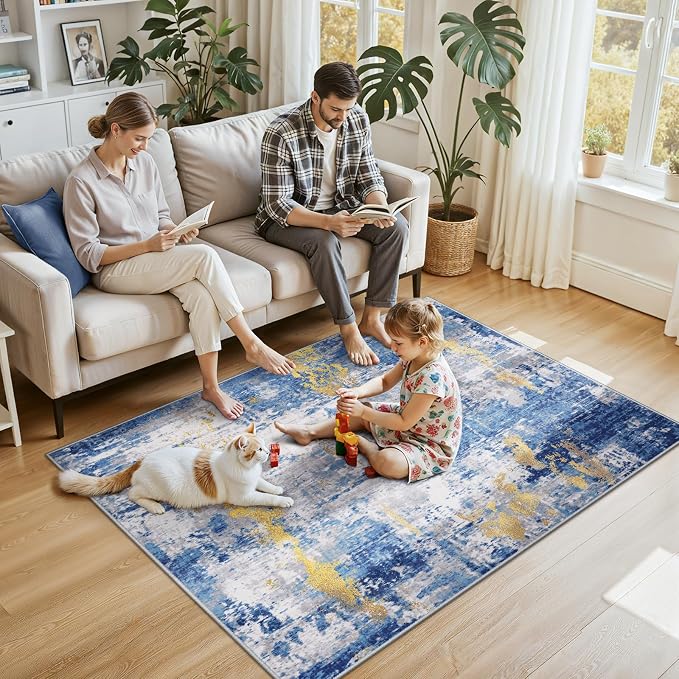 RELEANY Washable Area Rugs 4'x6' Non-Slip Modern Abstract Soft for Living Room Entryway Bedroom Kitchen, Print Pattern, Grey Blue Gold/Golden