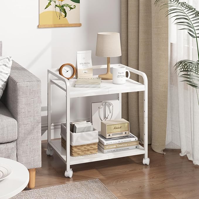 21"x15.8" Large Printer Stand with Storage, 2-Tier Under Desk Printer Table, Rolling Printer Cart with Lockable Wheels for Home, Office (White)
