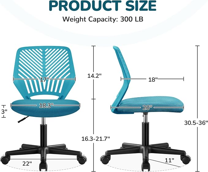 Topeakmart Armless Office Chair, Ergonomic Task Chair with Lumbar Support Adjustable Height, Modern Study Chair for Small Space, Turquoise