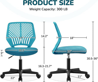 Topeakmart Armless Office Chair, Ergonomic Task Chair with Lumbar Support Adjustable Height, Modern Study Chair for Small Space, Turquoise