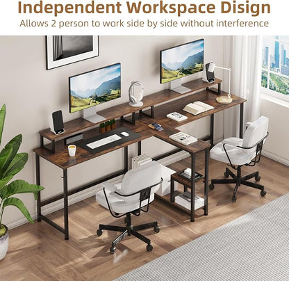 Mexin 2 Person Desk-83.7 Inch Double Computer Desk with Monitor Stand and Power Outlets, Office Desk with Storage Shelves, Long Desk for Home Office, Rustic Brown