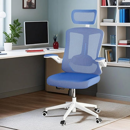 Ergonomic Office Chair - 350LB Comfy Desk Chairs with Adjustable Headrest and Lumbar Back Support, Mesh Computer Chairs with Wheels and Arms for Home Office, Study (Blue-with Headrest)