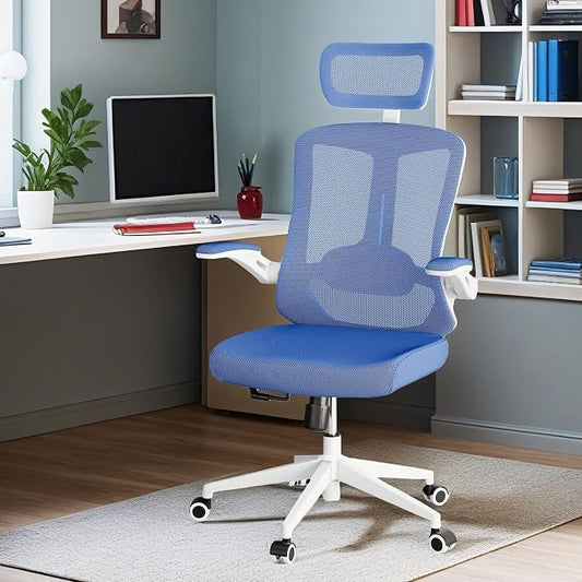 Ergonomic Office Chair - 350LB Comfy Desk Chairs with Adjustable Headrest and Lumbar Back Support, Mesh Computer Chairs with Wheels and Arms for Home Office, Study (Blue-with Headrest)