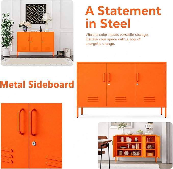 32" Orange 3 Door Lockable Metal Cabinet, Freestanding Multipurpose Heavy Duty Storage Locker with Adjustable Shelves for Home Office Kitchen Living Room Bedroom