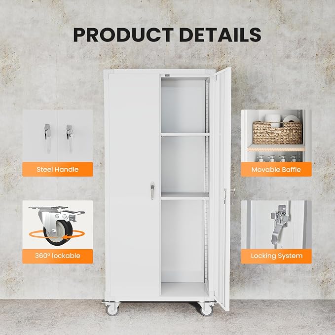 DUMOS 72" Metal Garage Storage Cabinet with Wheels, Tall Rolling Steel Tool Organizer with Adjustable Shelves and Locking Doors, Lockable File Cabinet for Garage, Home, Office, Warehouse, White