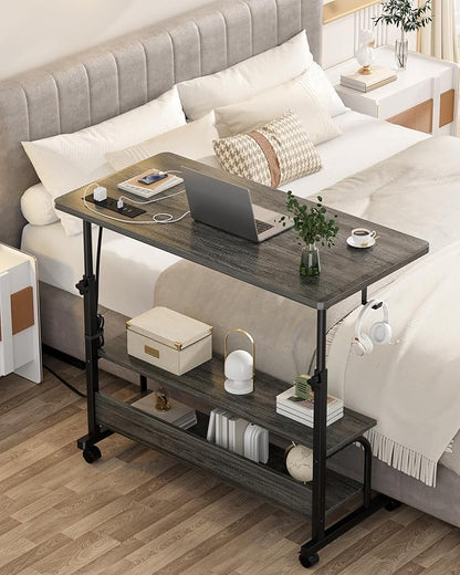Armocity Rolling Standing Desk with Charging Station, Portable Height Adjustable Mobile Computer Desk with Wheels & 2-Tier Shelves & Hooks, Easy Assembly Laptop Table for Couch Bed, 32" Grey Oak
