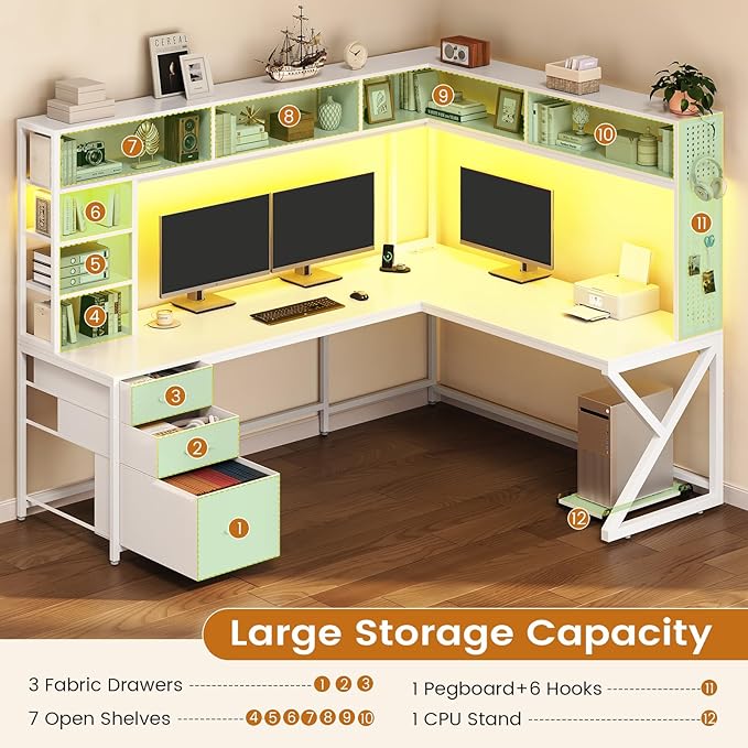SEDETA Corner Computer Desk, Convertible 94.5" Gaming Desk with Storage Drawers, Hutch and Pegboard, L Shaped Office Desk with Power Outlet, LED Lights for Home Office, White