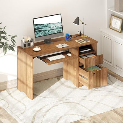 Bestier 55 Inch Wood Computer Desk with Fingerprint Lockable Drawers and Keyboard Tray,Modern Home Office Desk with File Drawer & Charging Station, Oak Wooden Desk for Work, Brown