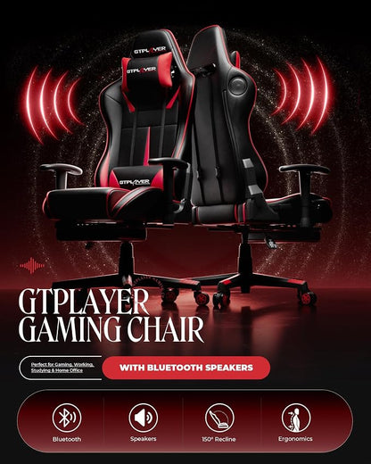 GTPLAYER Gaming Chair with Speakers, Video Game Chairs with Footrest, PC Game Chairs for Adults - Padded High Back Ergonomic Reclining Silla, Linkage Armrest, 909MF, Black-Red